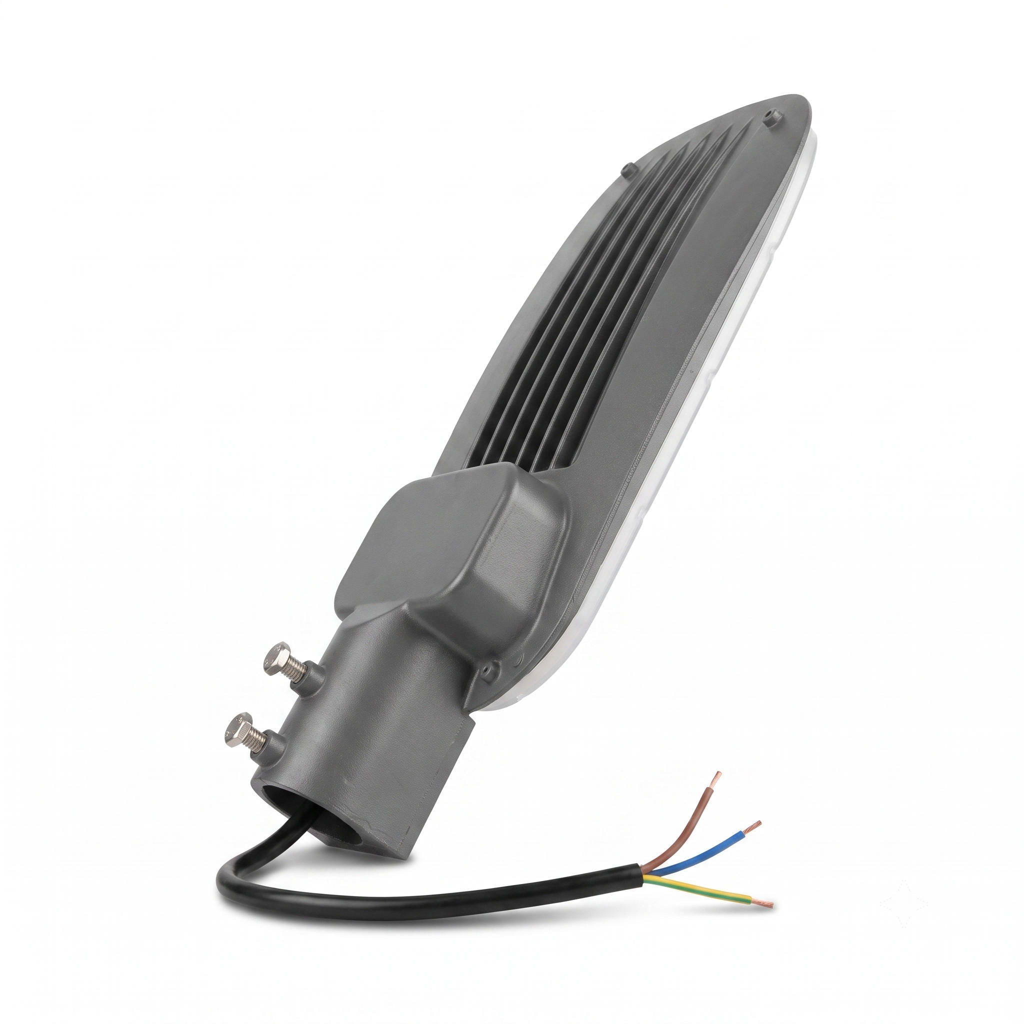 Side angle view of 50W outdoor LED street light showing cooling fins