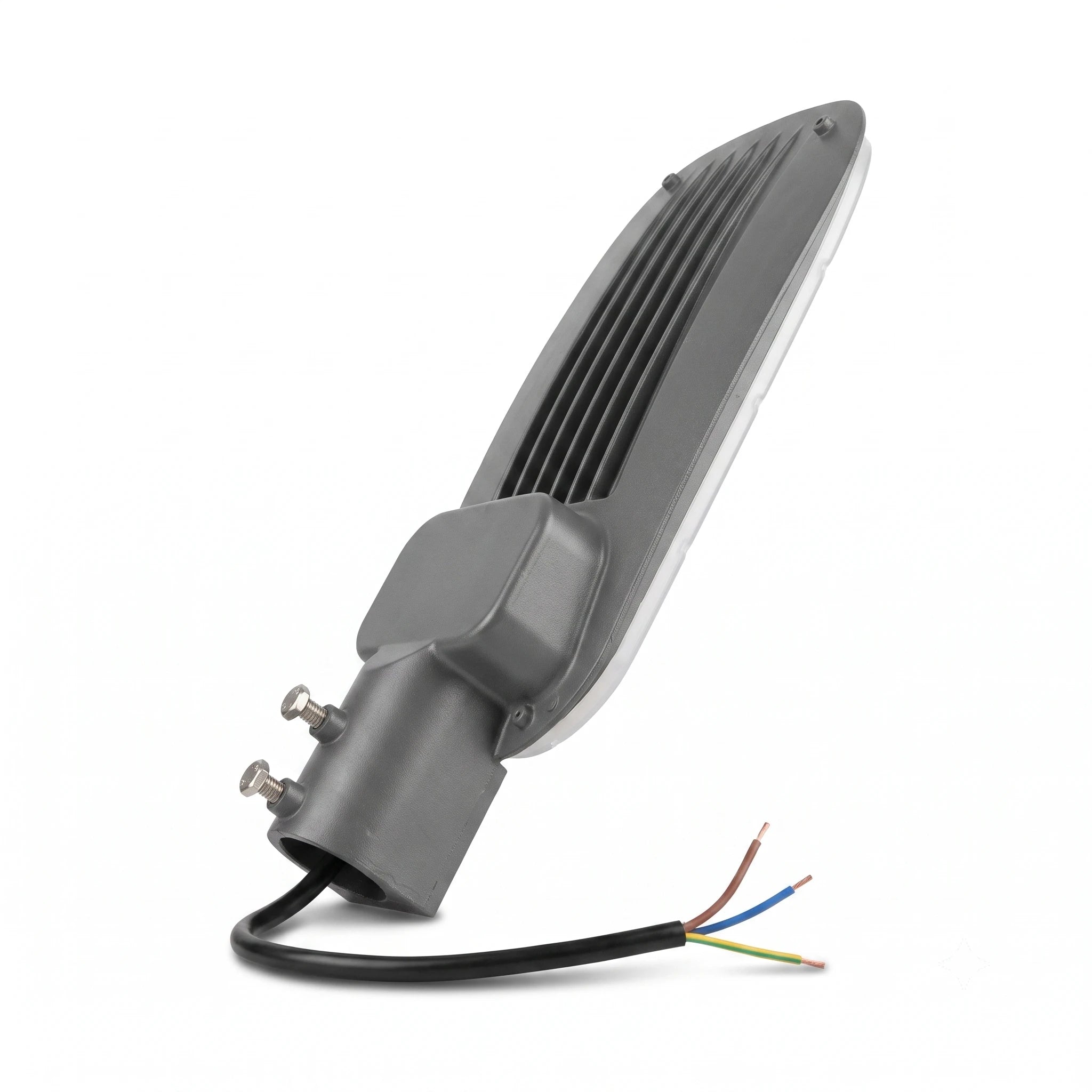 A gray outdoor LED street light with a ribbed heat sink design, a black cable, and three exposed multi-colored wires, shown on a plain white background.