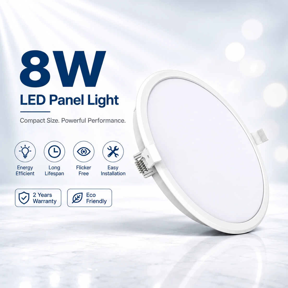 An 8W LED panel light shown at an angle on a light gray reflective surface with promotional text and feature icons on the left.