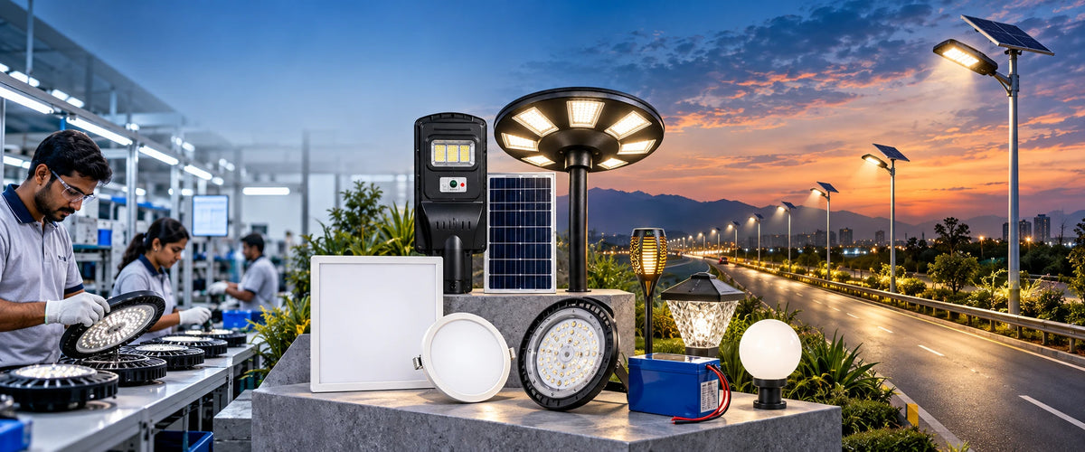A collection of solar-powered outdoor lighting products displayed on a stone pedestal in a factory setting, with a scenic sunset road and illuminated streetlights in the background.