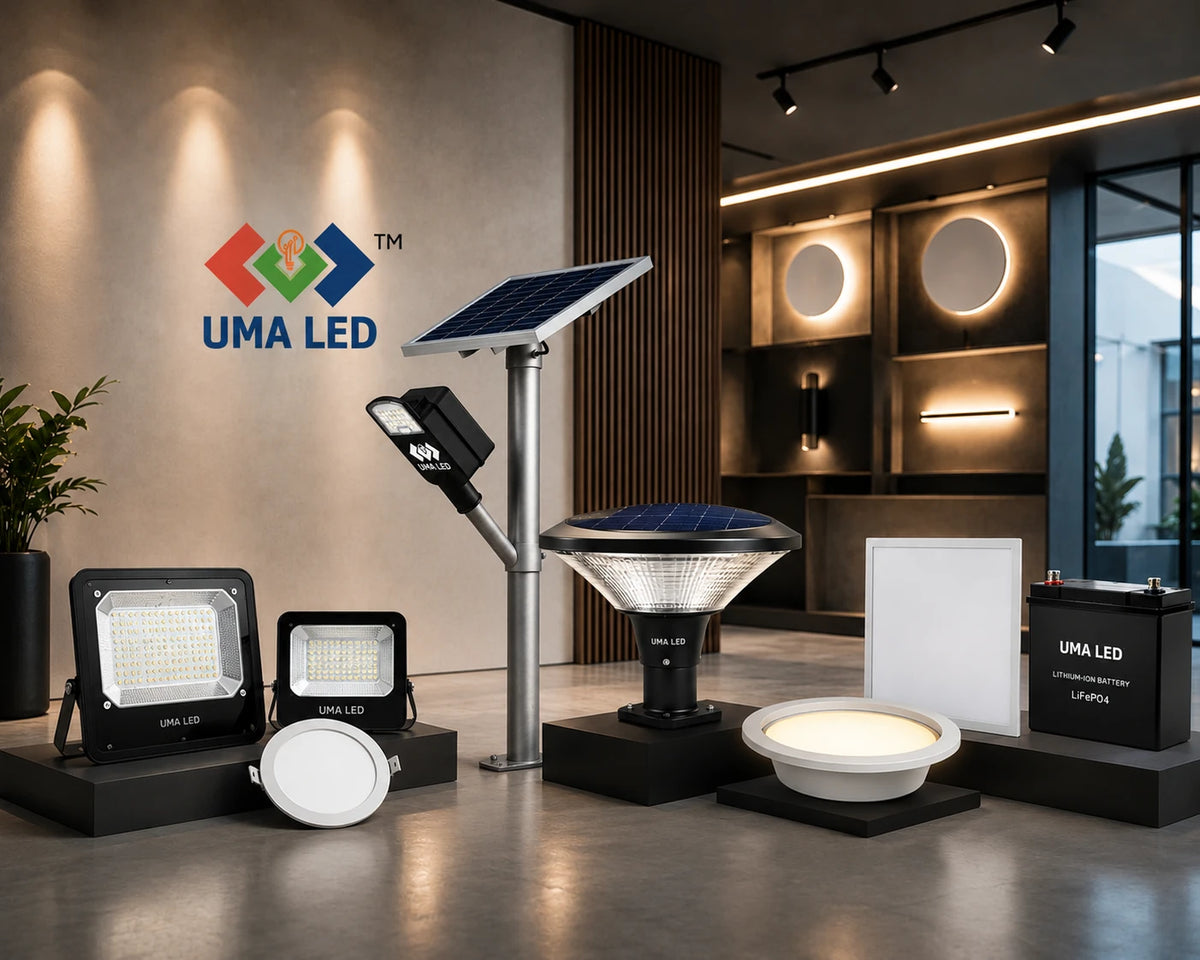 A collection of UMA LED solar and outdoor lighting products displayed on black pedestals in a modern showroom. The products include solar-powered LED floodlights, a spotlight, a landscape light, a solar panel on a pole, and a battery pack, all branded with the UMA LED logo.