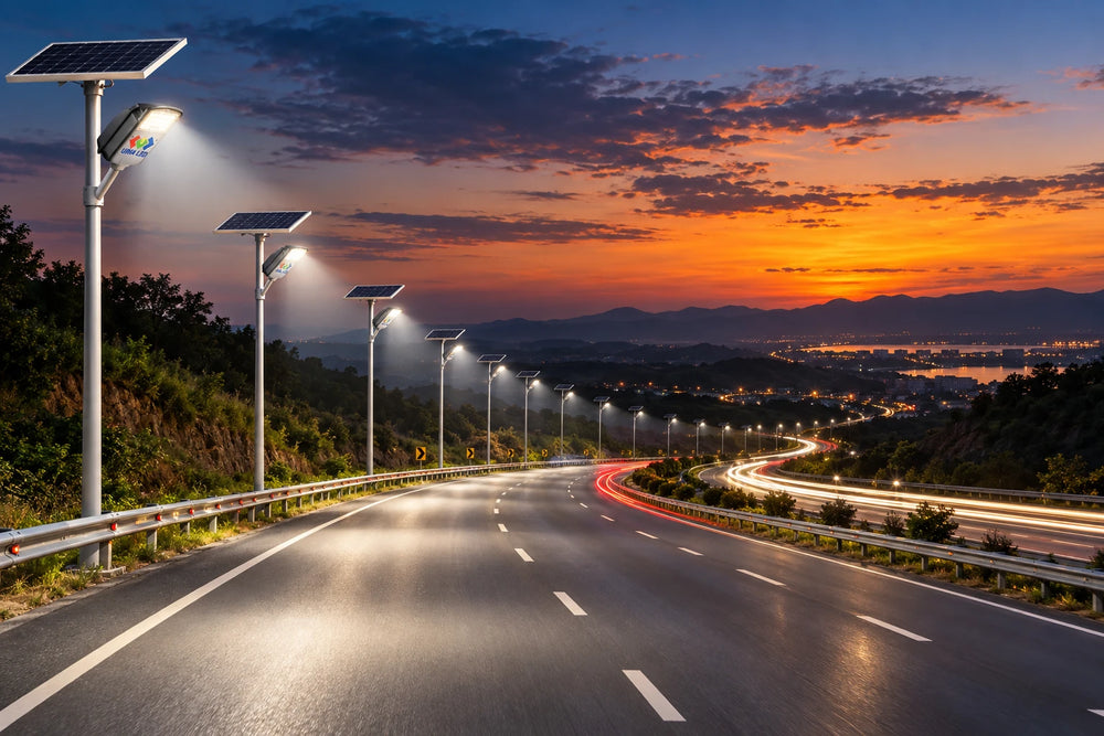 A row of modern solar-powered highway streetlights illuminating a curved road at sunset, with mountains and a glowing city in the background.