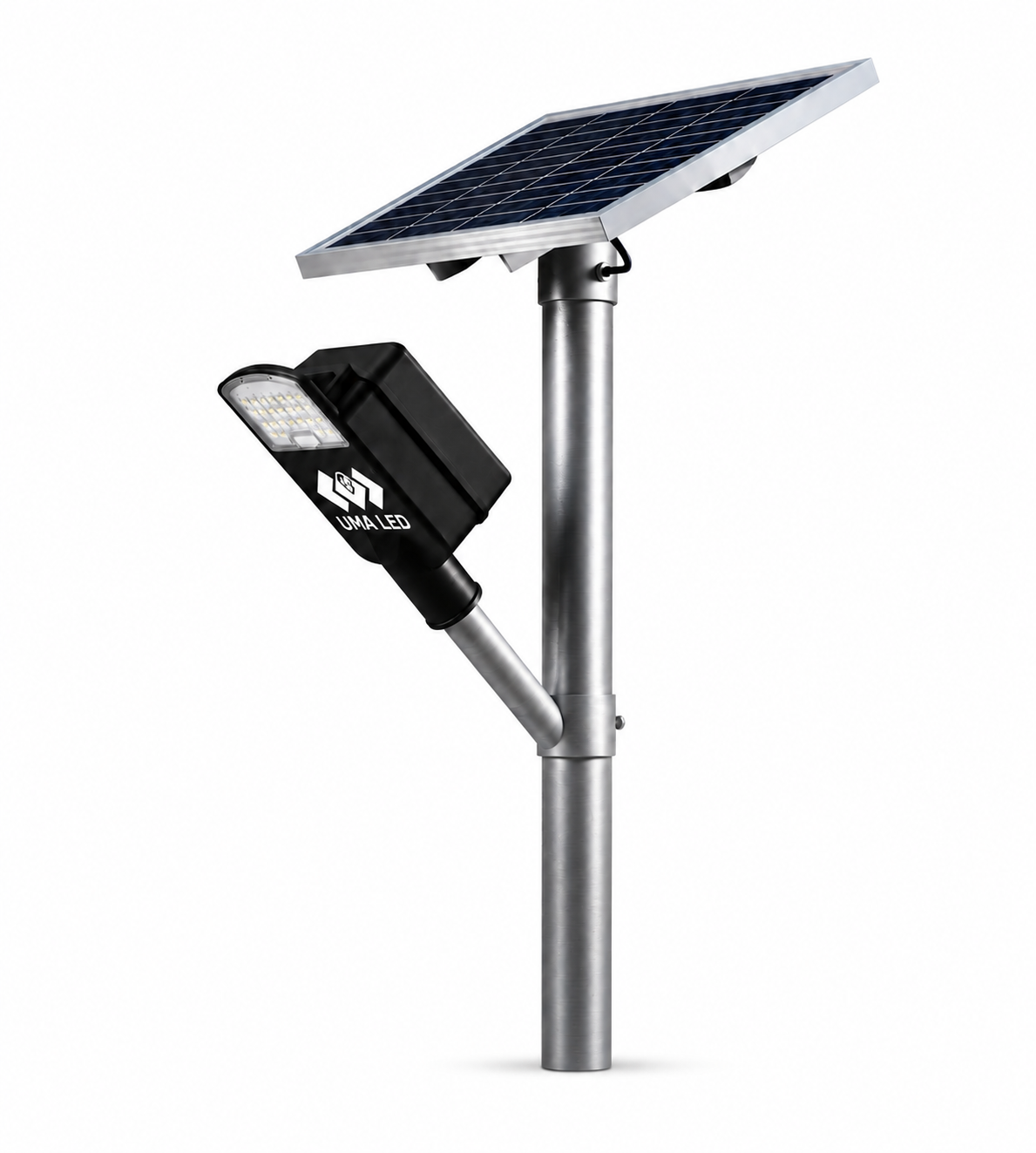 A solar-powered LED street light with a black light head, silver pole, and angled solar panel on a white background.