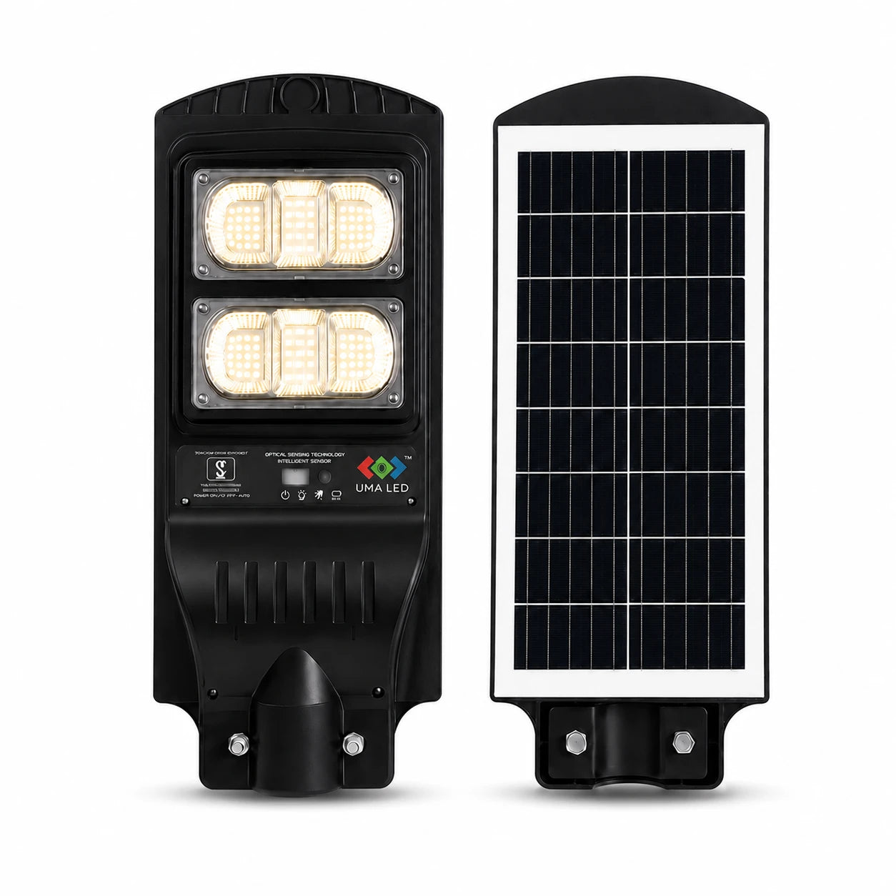 A black solar-powered LED street light shown from two angles: the front view displays two illuminated LED panels and the UMA LED logo, while the side view shows the integrated solar panel on a white background.