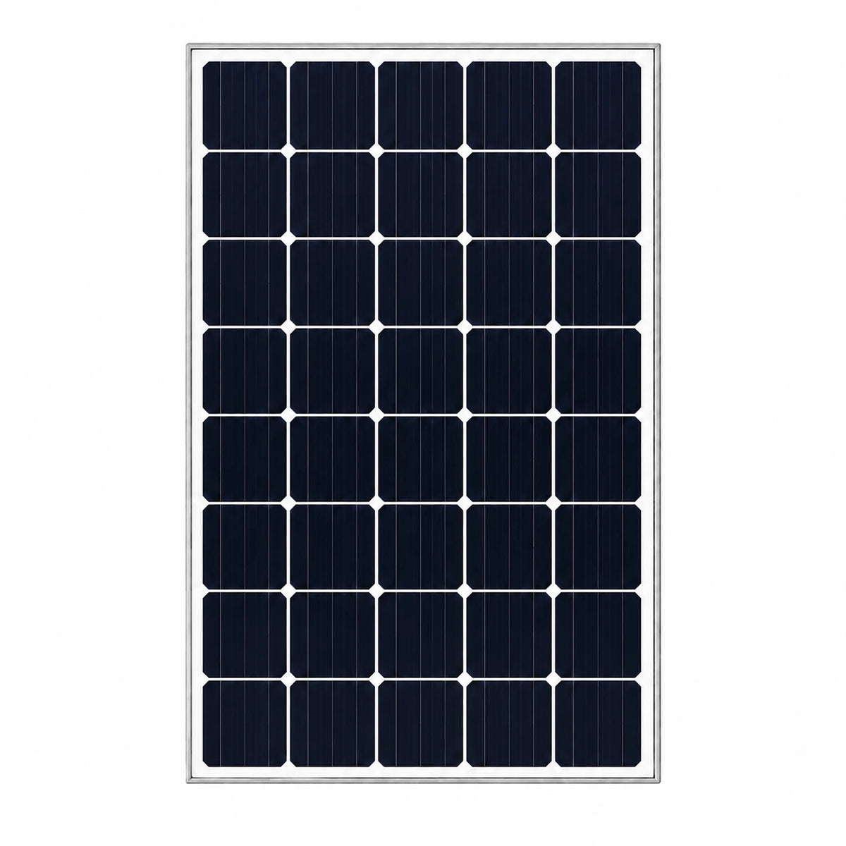 A rectangular solar panel with a silver border and 36 dark blue photovoltaic cells arranged in a 6x6 grid, shown against a plain white background.