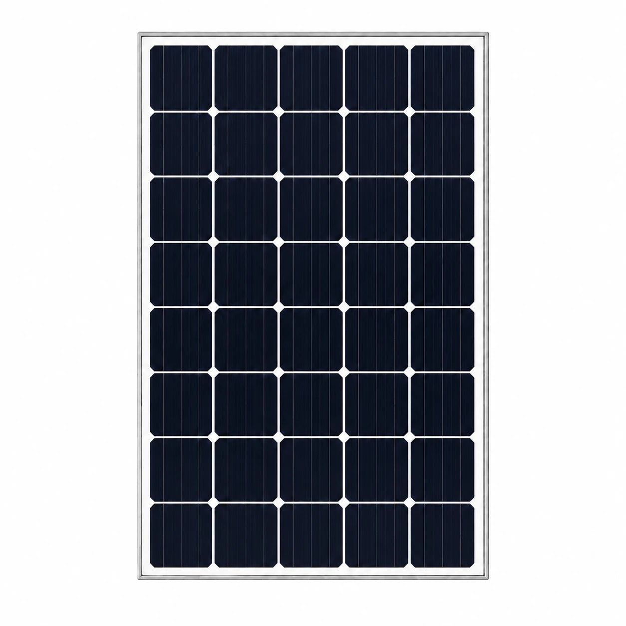 A rectangular solar panel with a silver border and 36 dark blue photovoltaic cells arranged in a 6x6 grid, shown against a plain white background.