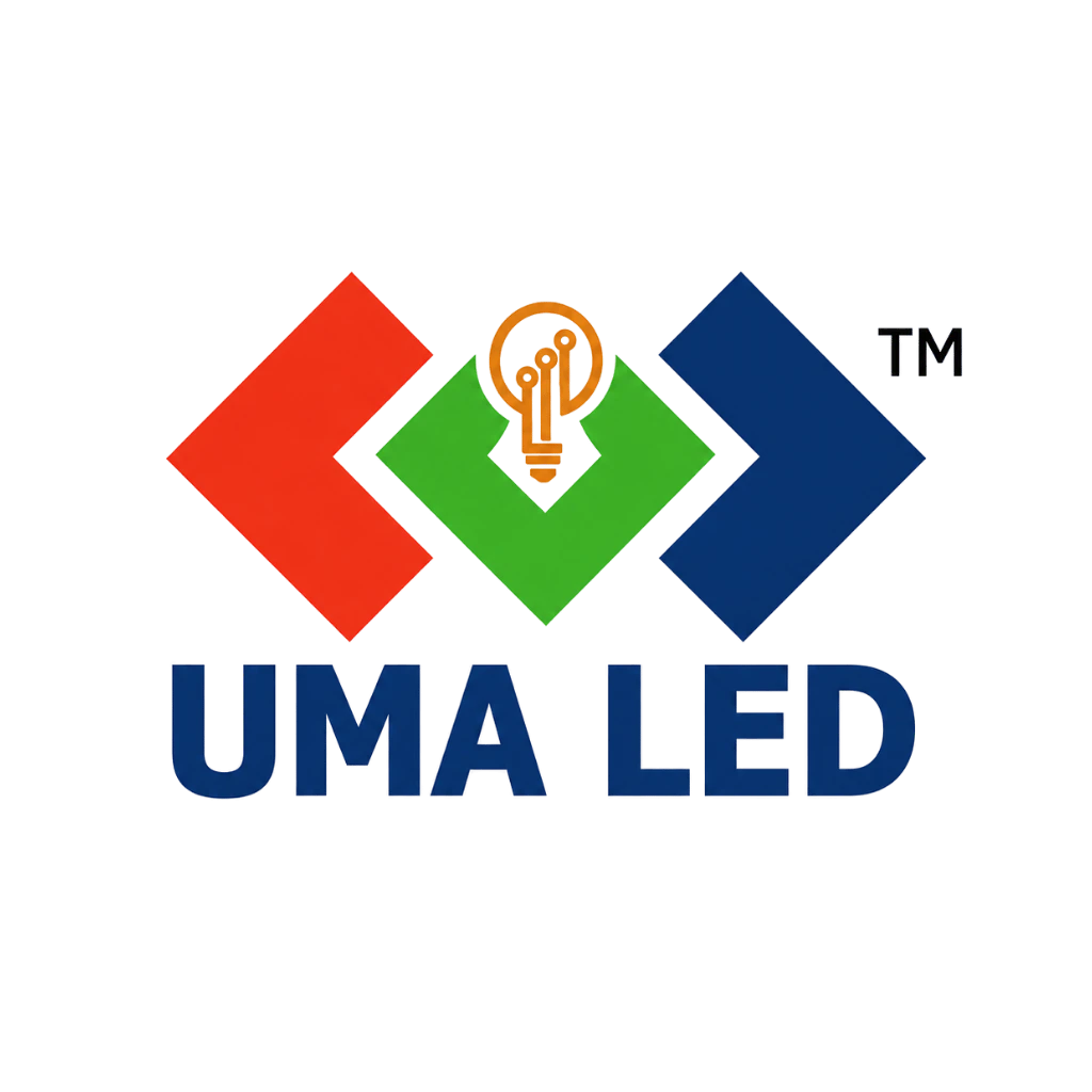 The logo for UMA LED, featuring three geometric shapes in red, green, and blue with an orange lightbulb in the center, above the text 'UMA LED' on a plain white background.