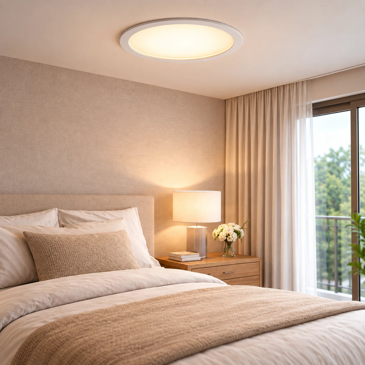 A modern circular flush-mount ceiling light with a warm white glow, installed in a beautifully styled beige bedroom with a bed, bedside table, and window.