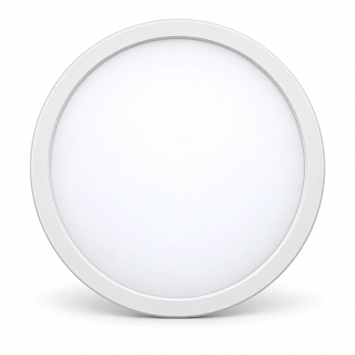 A round white LED ceiling light panel with a slim white metal frame, shown against a clean white background with a soft shadow underneath.