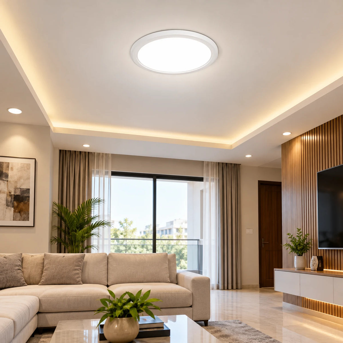 A modern circular flush-mount ceiling light installed in a bright, contemporary living room with a beige sectional sofa, wood slat wall, and large windows.