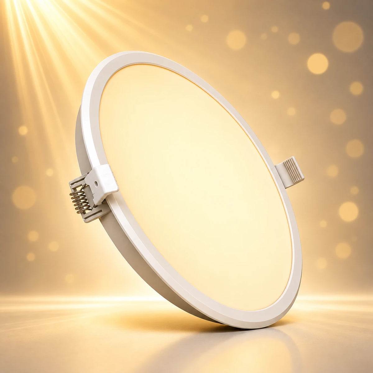 A modern circular LED recessed light with a white frame and mounting clips, glowing with a warm golden light against a sparkling golden background.