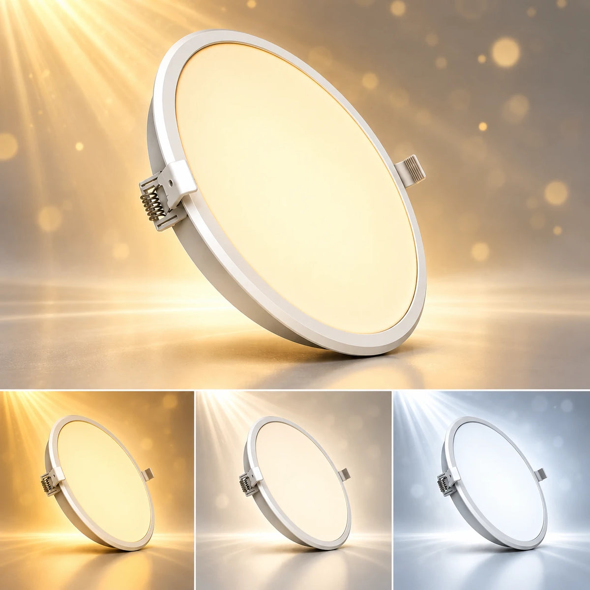 A round recessed LED light fixture shown in three views: a large angled view in the top panel and three smaller front/three-quarter views along the bottom. The fixture has a white metal frame and a warm white or cool white light panel, with visible spring-loaded mounting tabs on the sides.