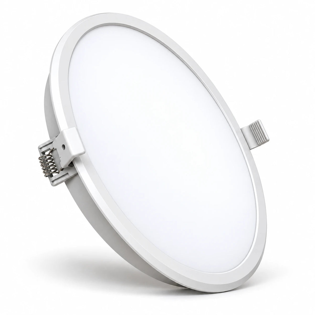 A round recessed LED light fixture with a white diffuser and a silver metal mounting bracket, shown at an angle on a white background.