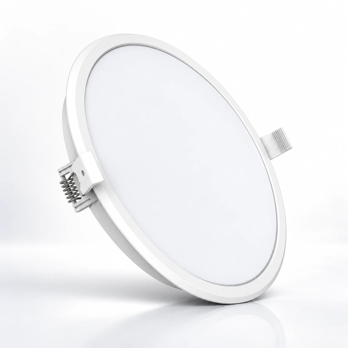 A white circular recessed LED light fixture with a mounting bracket on one side, shown at an angle on a clean white background.