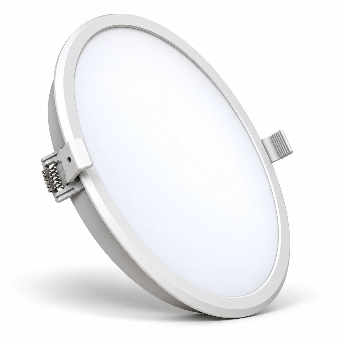 A round recessed LED light fixture with a white diffuser and silver metal frame, shown at an angle on a white background.