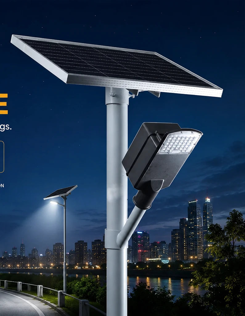 A solar-powered street light with a large rectangular solar panel mounted on a tall white pole, shown at night beside a waterfront city skyline. The light head is black and angled downward, with its beam of light shining out to the left.