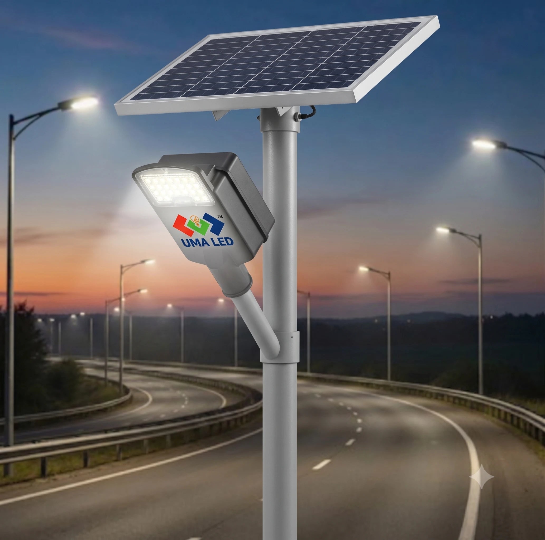 A white solar-powered street light mounted on a tall pole with a rectangular solar panel on top, shown on a highway at dusk. The lamp has a visible UMA LED logo on the front.