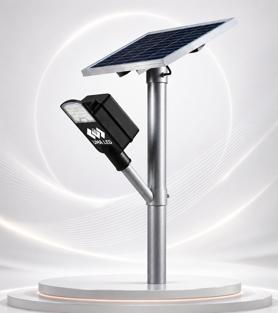 A solar-powered street light with a black LED lamp head and a rectangular solar panel mounted on a silver pole, displayed on a white circular pedestal against a light gray background with glowing circular light effects.