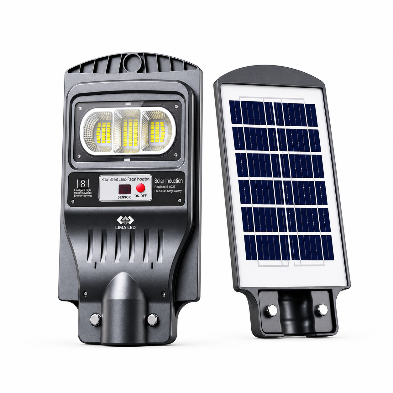 UMA LED SL300 all-in-one solar street light with separate solar panel on a white background for outdoor street, pathway, and parking area lighting