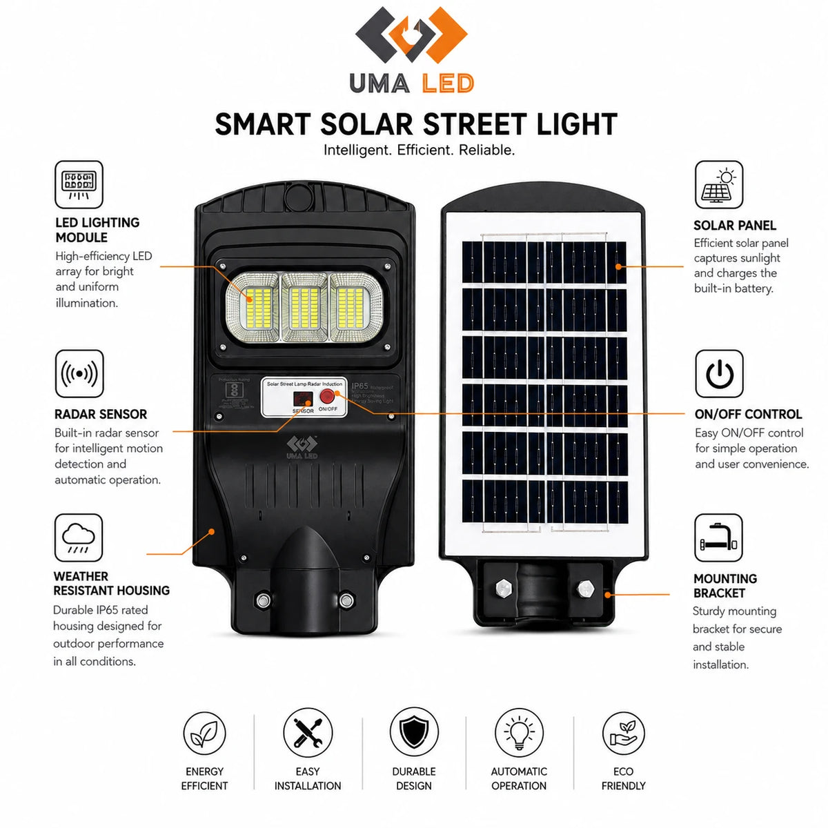 A product infographic for a UMA LED smart solar street light, showing front and back views of the black light fixture with a solar panel on the back, surrounded by callout labels and feature icons on a white background.