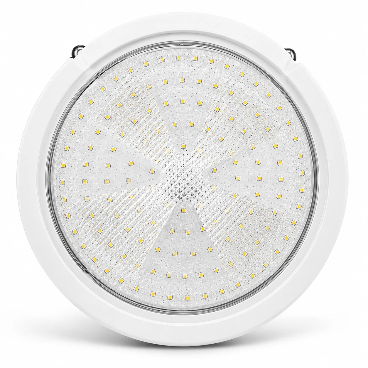 A circular white LED light fixture with a textured clear lens showing numerous small yellow-gold LED chips, photographed on a clean white background.