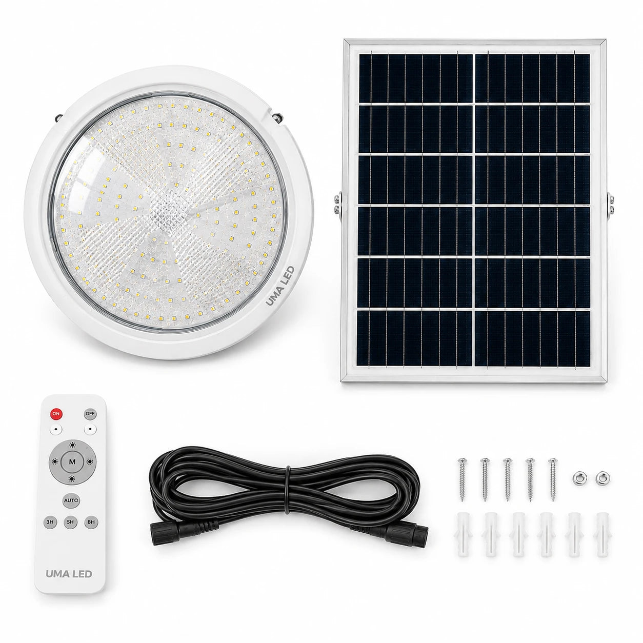 A solar-powered LED light kit on a white background, including a round white LED light, a rectangular solar panel, a white remote control, a black power cable, mounting screws, and white plastic wall anchors. The LED light and remote both show the UMA LED branding.