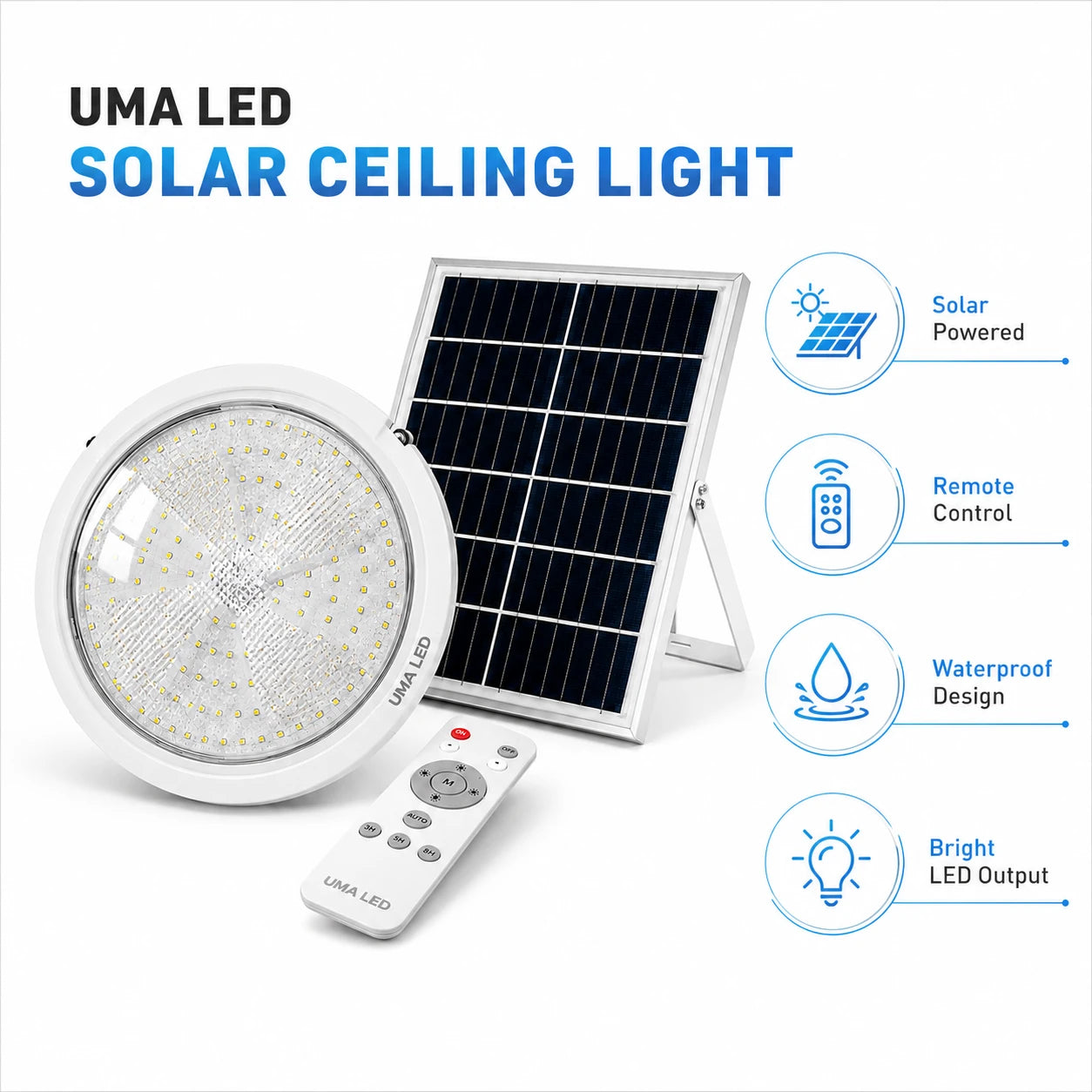 UMA LED solar ceiling light feature infographic showing waterproof remote control motion sensor and auto dusk to dawn function