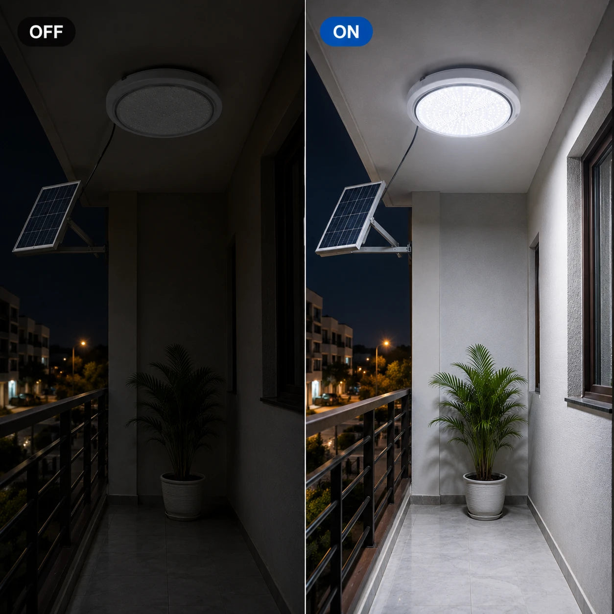 A split comparison of a solar-powered ceiling light on a balcony at night, shown in OFF (left) and ON (right) states. The left side is dark, showing the light off and a dark outdoor balcony scene with a potted plant.