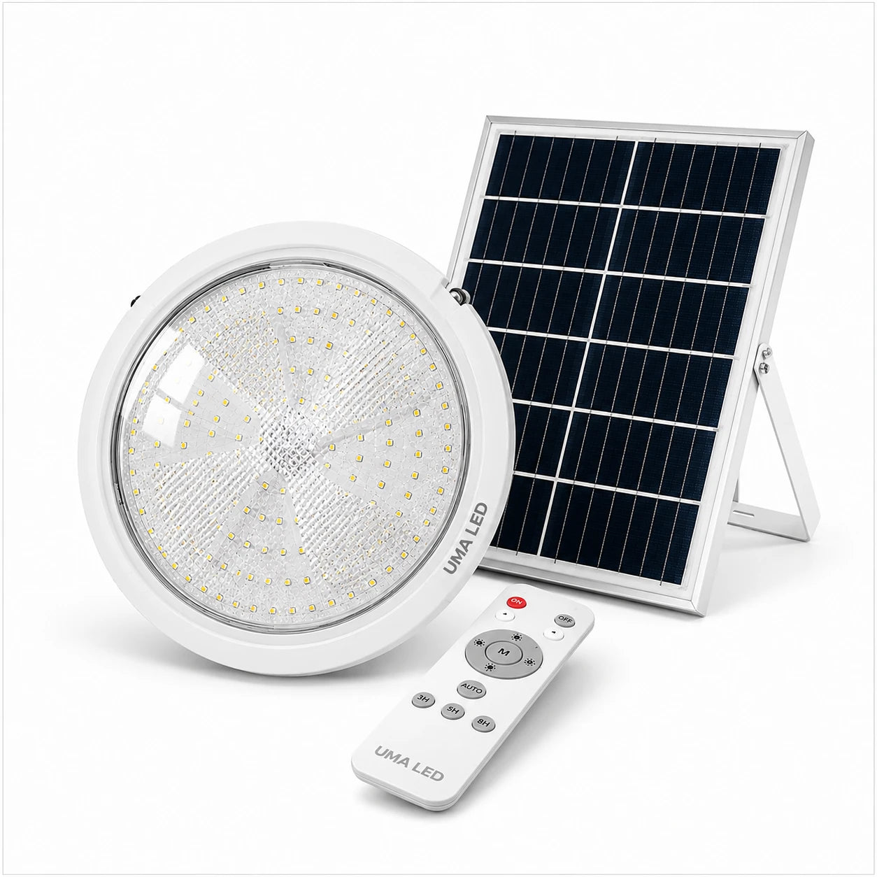A white round LED light fixture shown with a white remote control and a foldable solar panel on a clean white background. The LED light has 'UMA LED' printed on it, and the solar panel also shows the brand name.