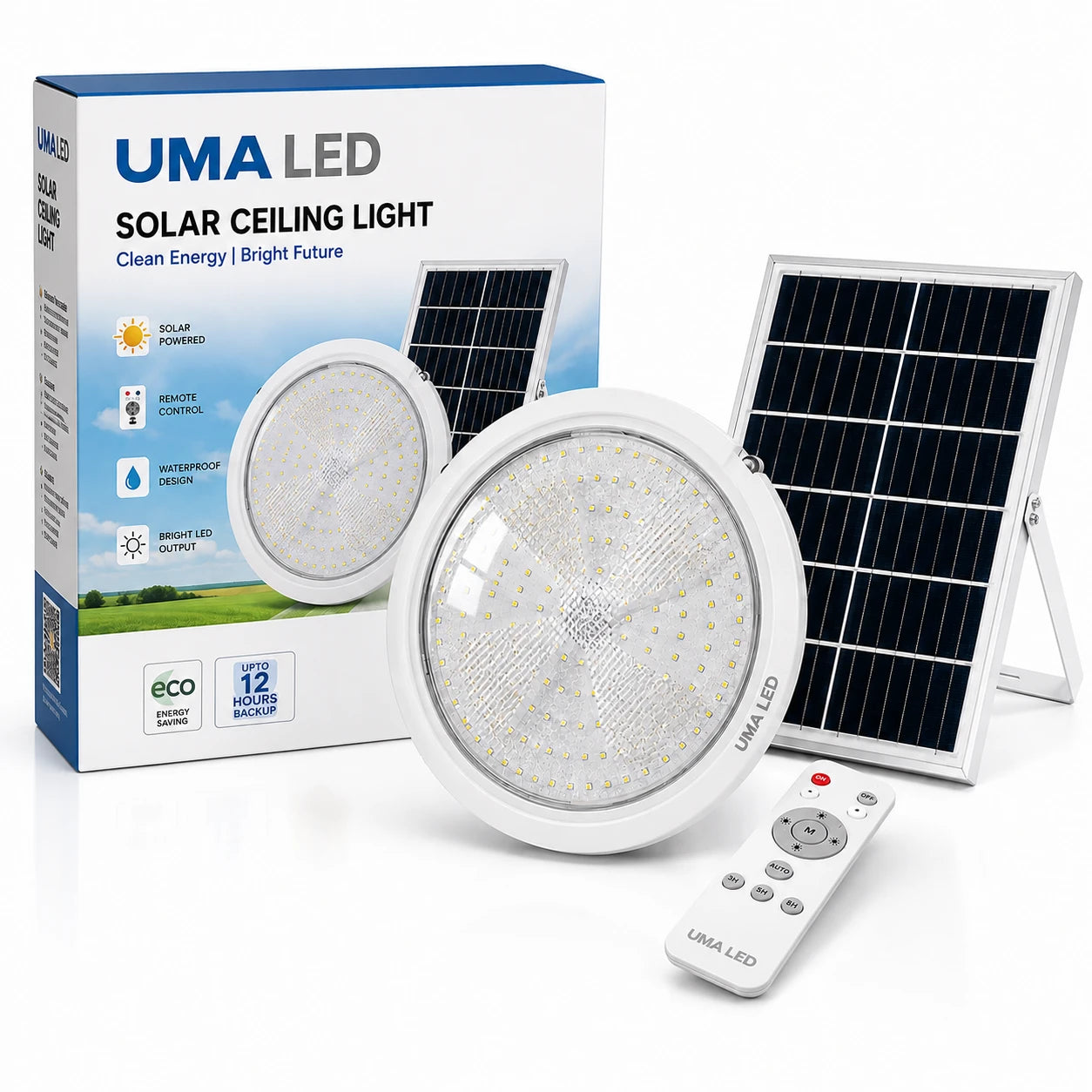 UMA LED solar ceiling light kit with a white round LED light, a foldable solar panel, a white remote control, and the product packaging box on a clean white background.