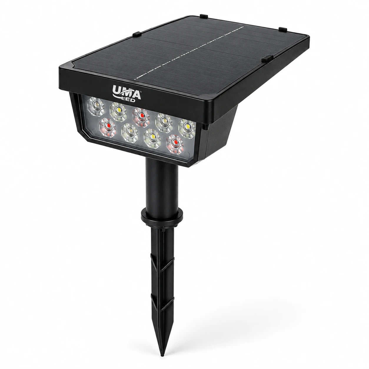 A black UMA LED solar landscape light with a flat solar panel on top, a front-facing array of LED lights, and a stake for ground insertion, shown on a white background.