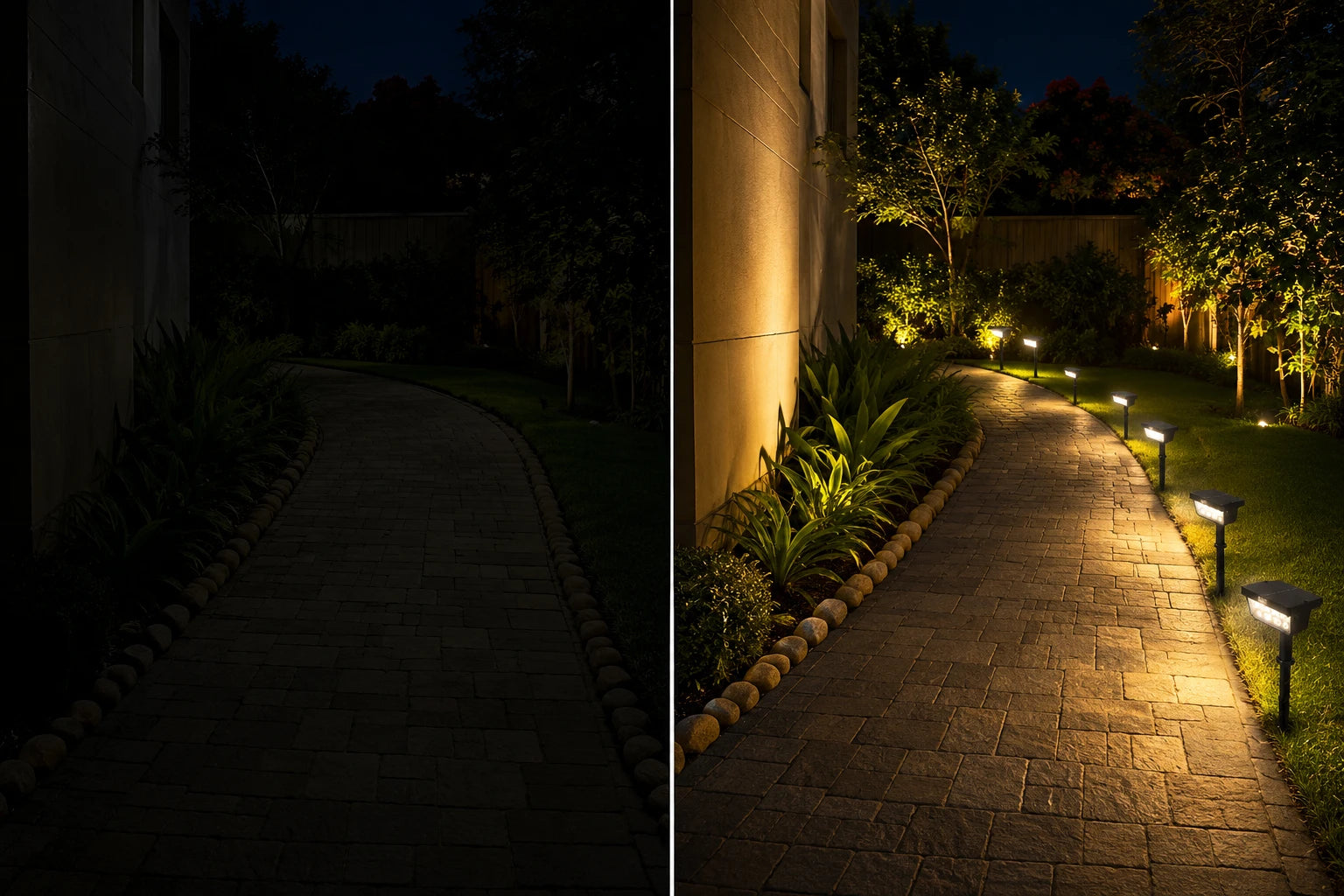 A split comparison of a stone pathway at night, with the left side showing the path in darkness and the right side showing the same path illuminated by outdoor ground stakes and wall-mounted lights along the grass and plants.