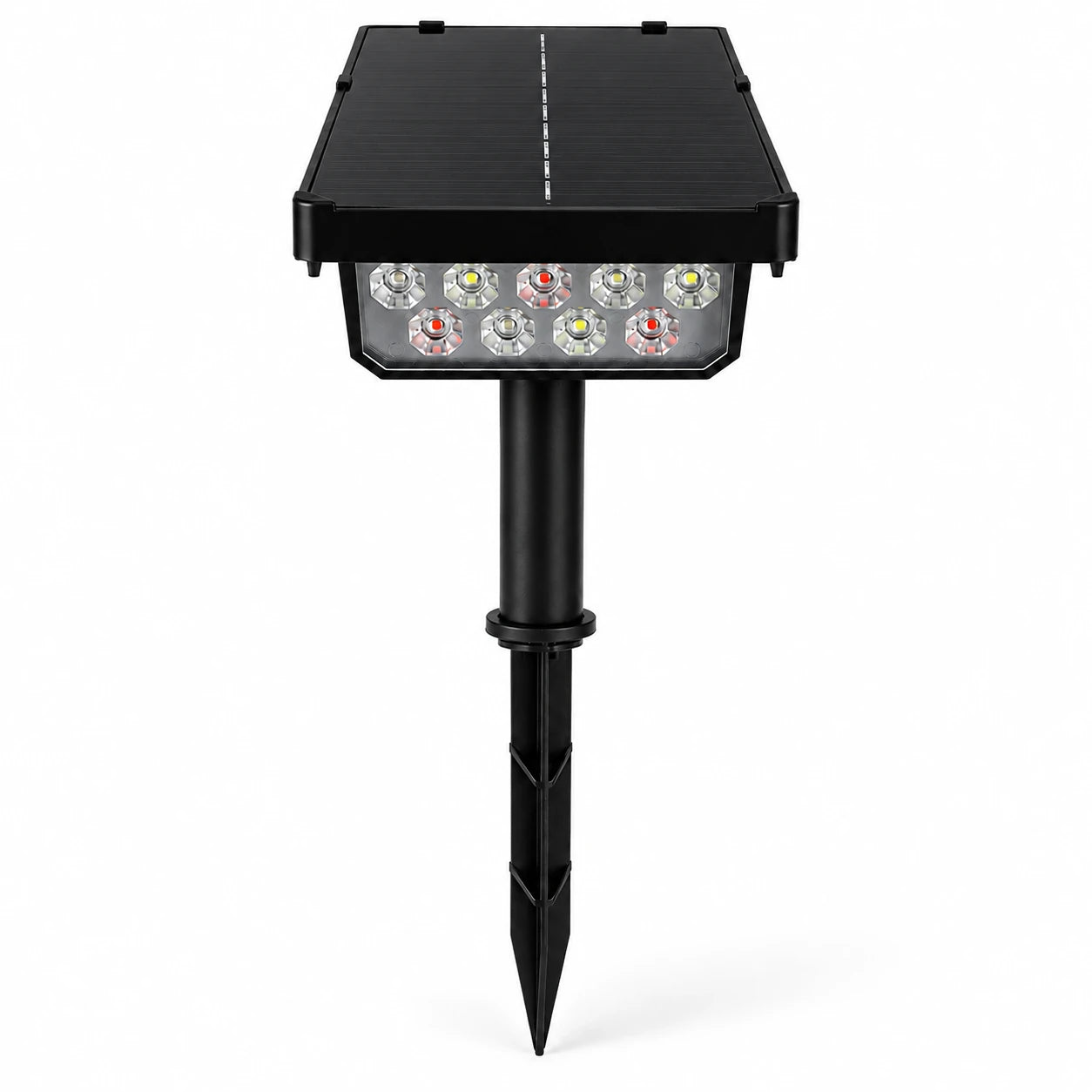 A black solar-powered ground stake light with a rectangular solar panel on top, a row of LED lights on the front, and a pointed stake for outdoor use, shown against a plain white background.