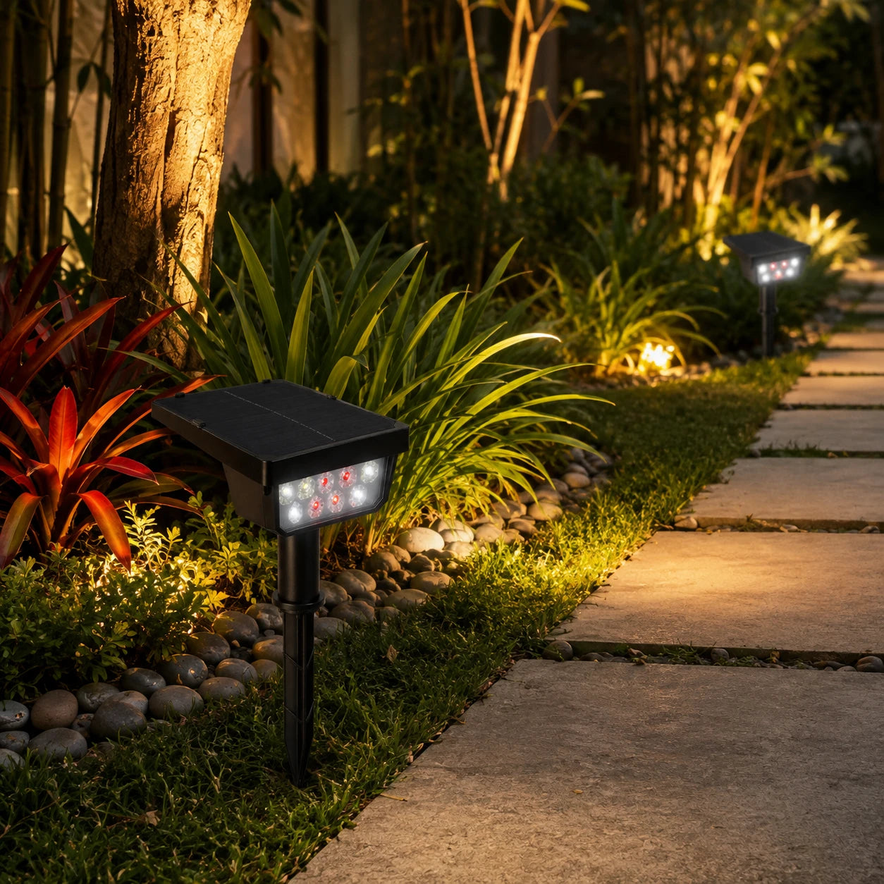 Solar landscape light with a black rectangular solar panel and multiple LED bulbs, mounted on a post in a garden next to a stone pathway at night.