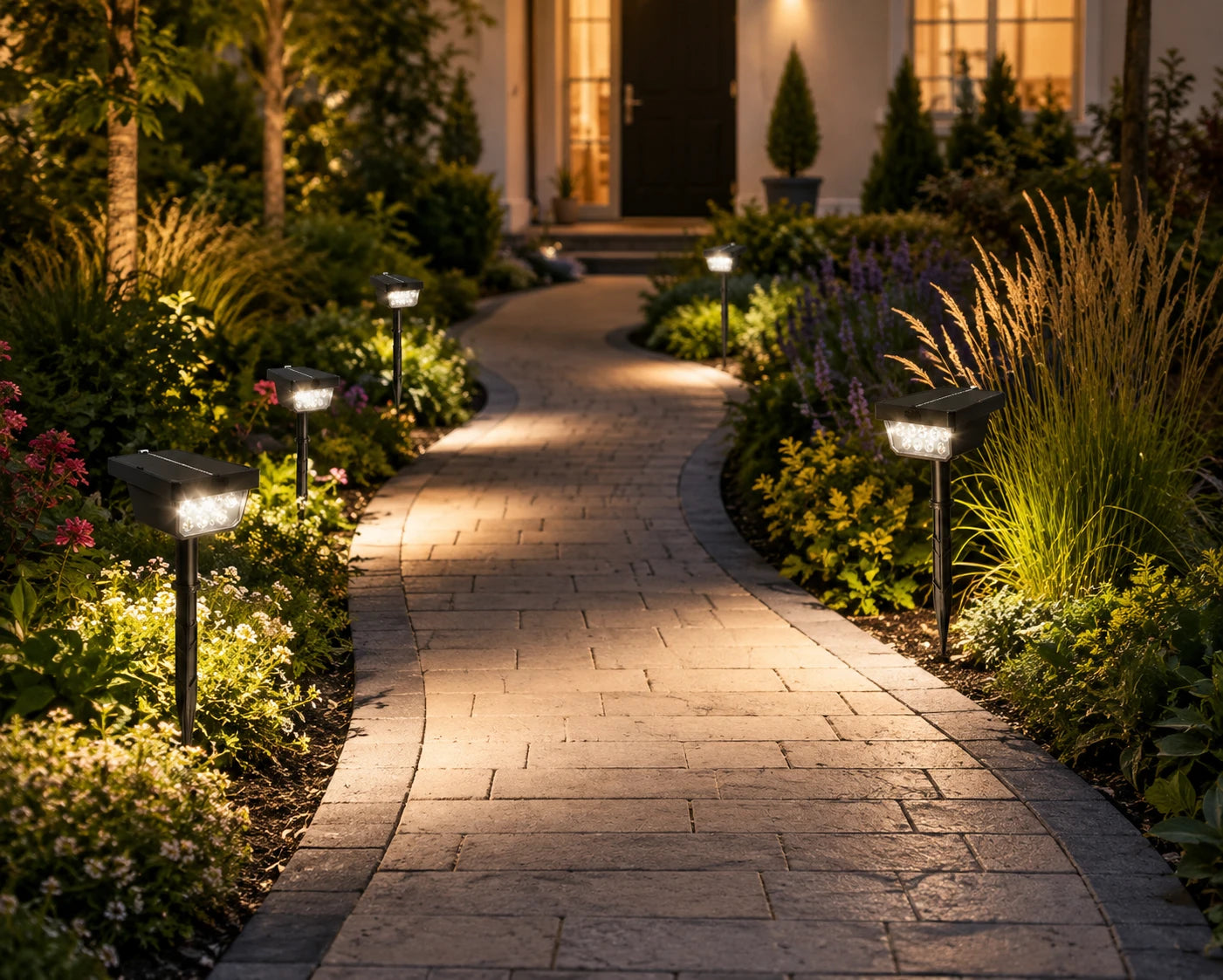 A nighttime view of a stone pathway leading to a house entrance, illuminated by several black solar landscape lights planted along both sides of the walkway.