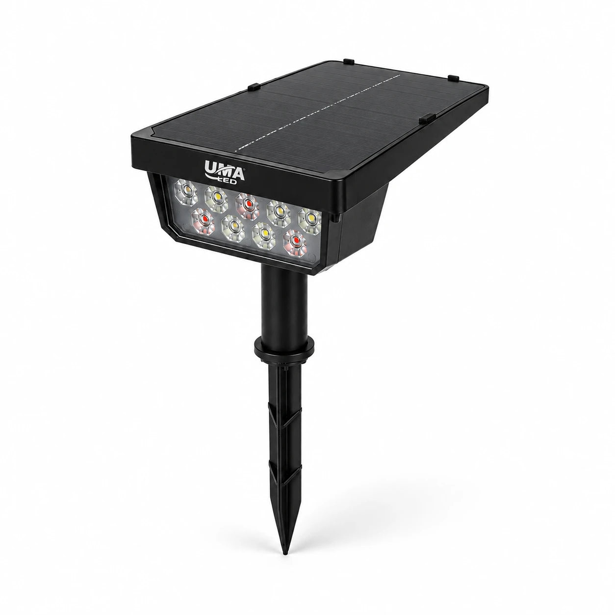 A black solar-powered LED garden light with a stake, featuring a rectangular solar panel on top and a front-facing array of LED lights. The brand name 'UMA' is visible on the side of the light housing.