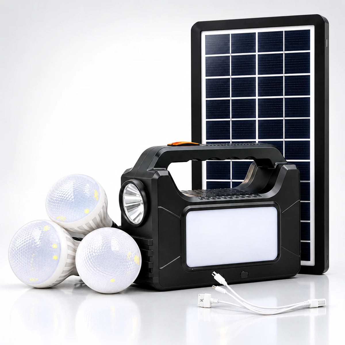 Portable emergency power station set with a black handle lantern, three white LED bulbs, and a solar panel on a clean white background.