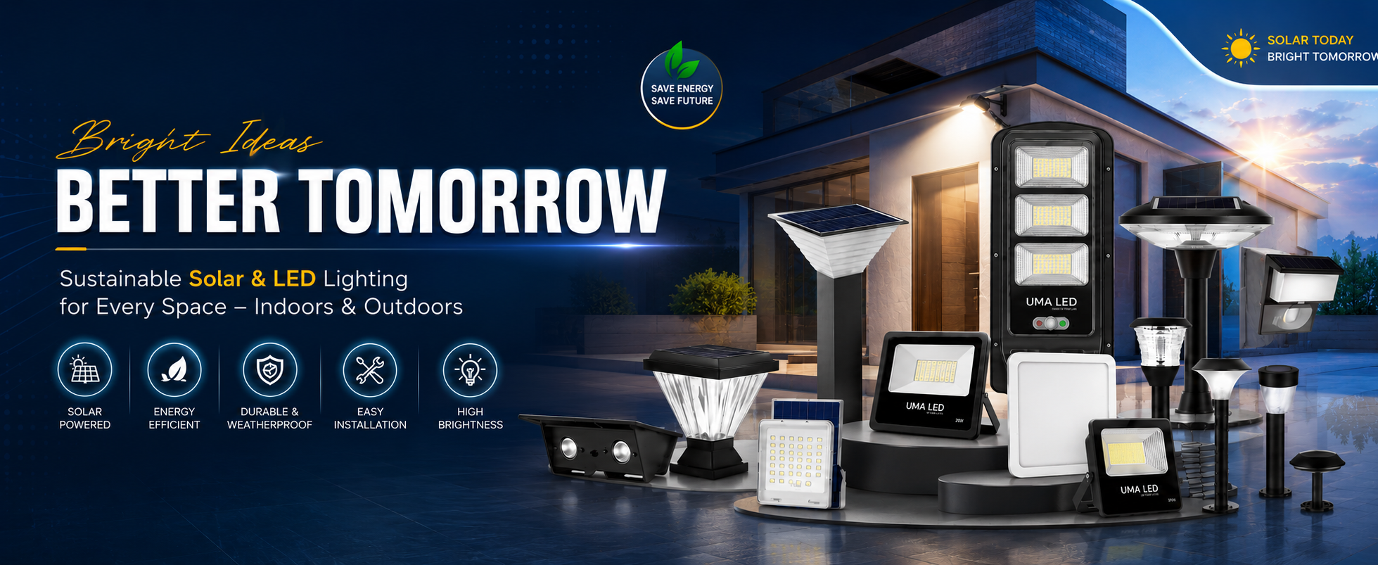 A promotional collage for solar and LED lighting products, showing multiple outdoor and indoor light fixtures arranged in front of a modern house at dusk. Large text reads 'Bright Ideas BETTER TOMORROW' with supporting copy about sustainable solar and LED lighting for every space indoors and outdoors.