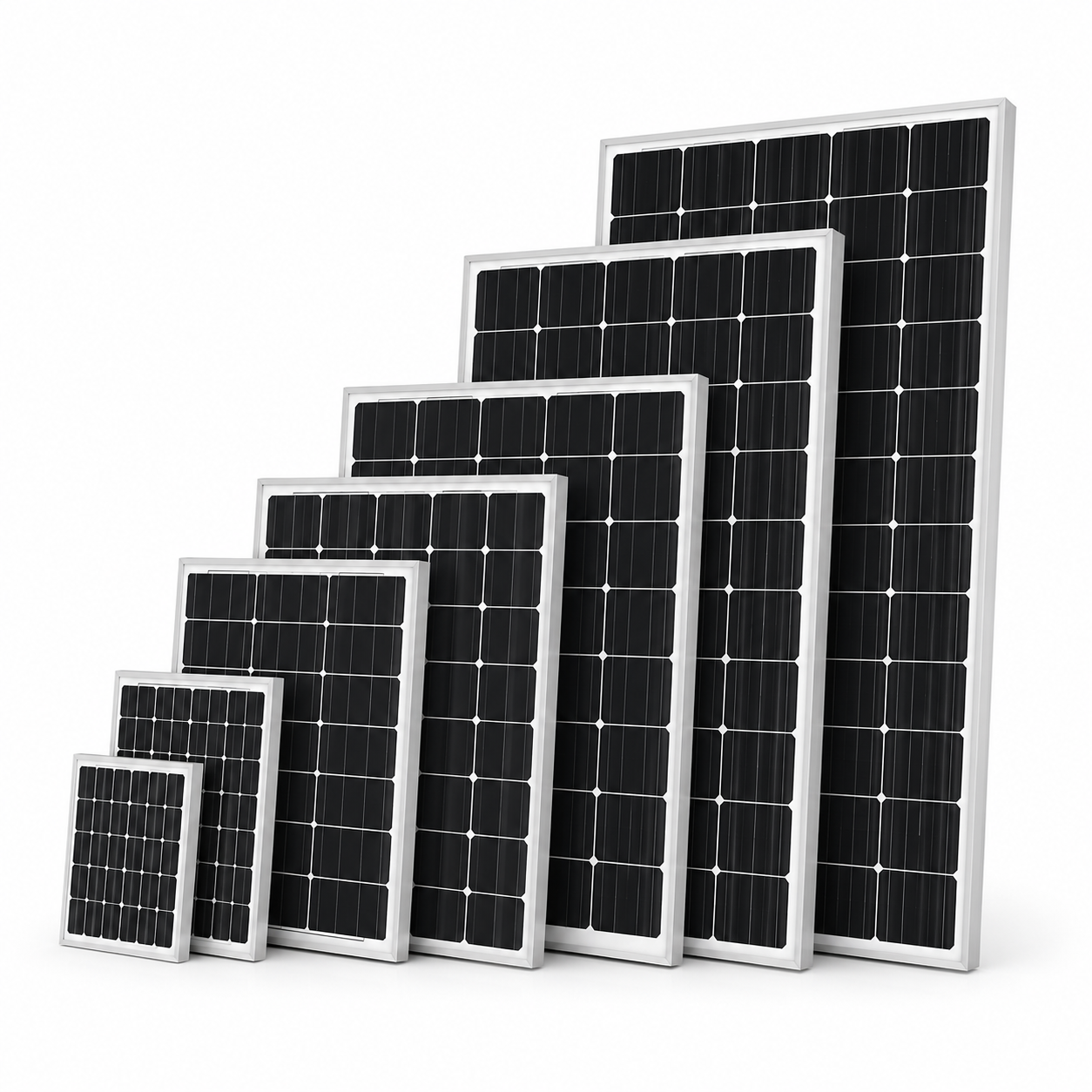 Six solar panels of varying sizes arranged in ascending order of height against a clean white background.