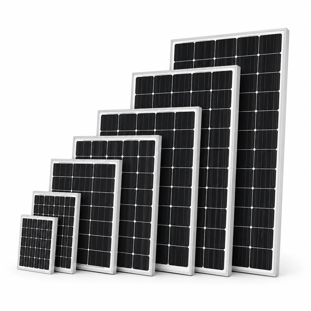 Six solar panels of varying sizes arranged in ascending order of height against a clean white background.