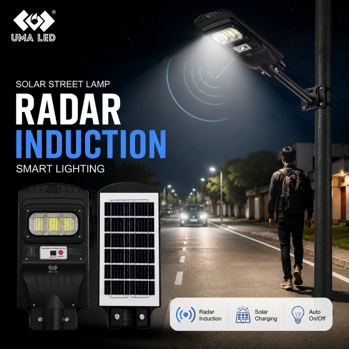 Uma LED solar street lamp with a black metal pole and arm, shown illuminated at night on a road. The image includes product cutouts of the lamp and a small solar panel, large text reading 'RADAR INDUCTION SMART LIGHTING,' a person walking on the road, and feature icons for radar induction, solar charging, and auto on/off.