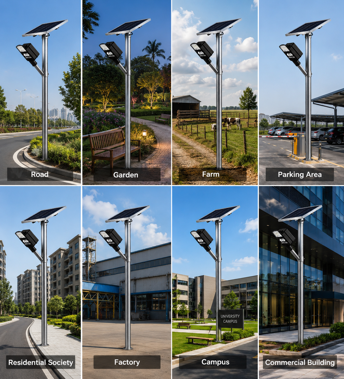 Eight-panel collage showing solar-powered street light poles installed in various real-world outdoor locations, including road, garden, farm, parking area, residential society, factory, campus, and commercial building.
