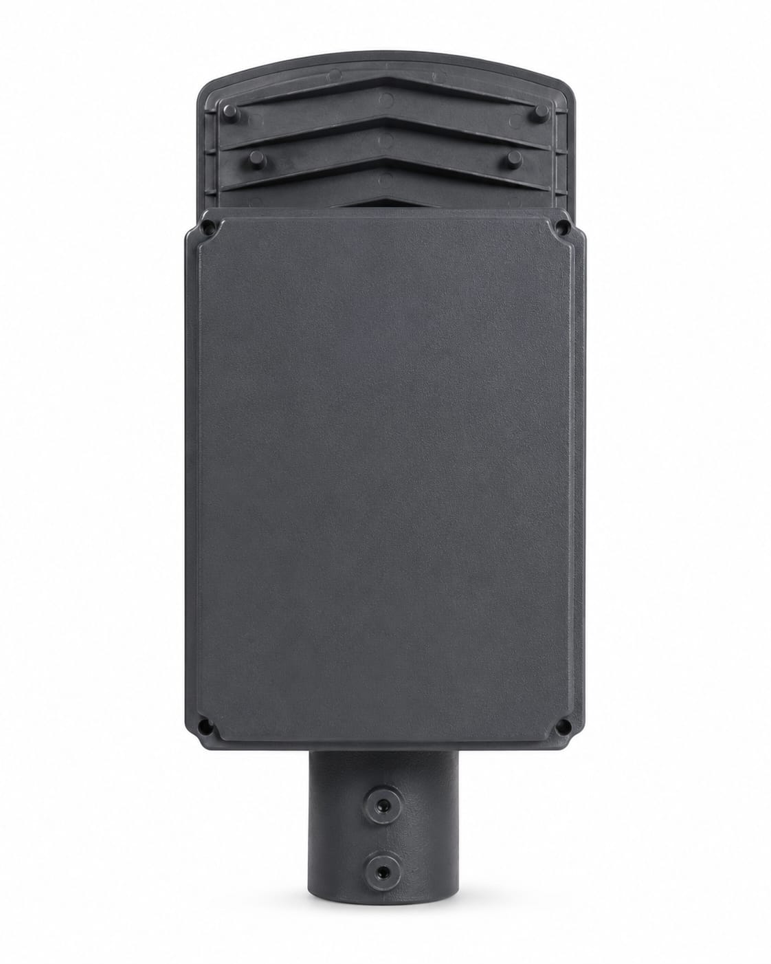 A black rectangular outdoor light fixture or signal transmitter with a mounting pole, shown from the back against a plain white background.