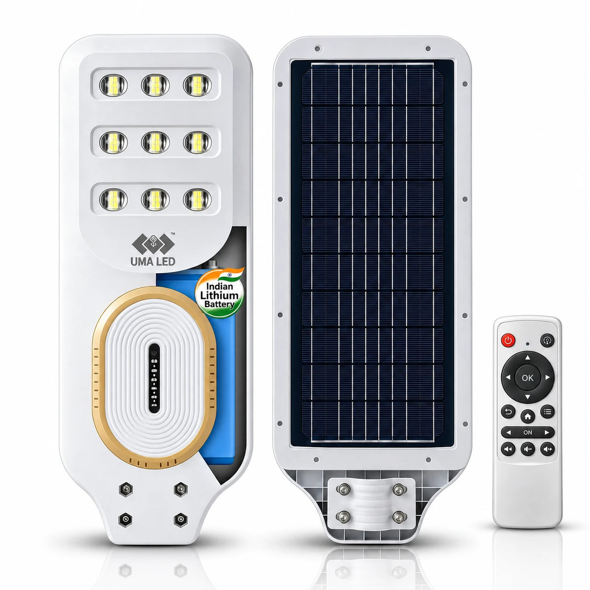 A white solar-powered LED street light shown from two angles, alongside a matching white remote control. The front view displays multiple LED light modules, a gold circular accent, a blue battery pack, and the UMA LED brand logo.