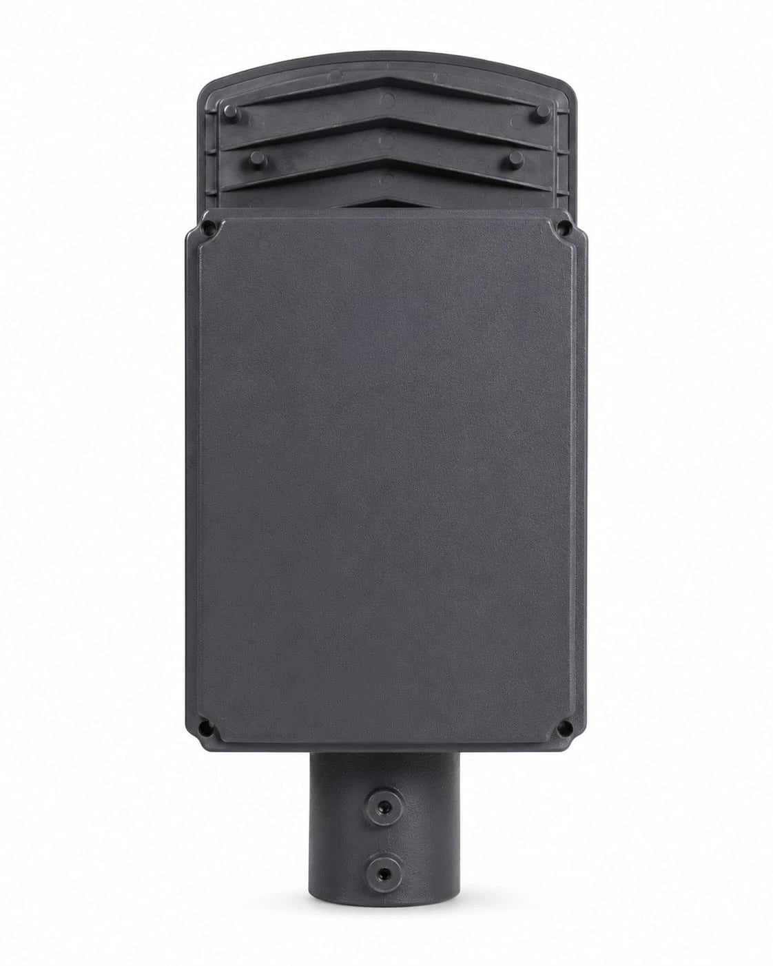 A black rectangular outdoor light fixture or signal transmitter with a mounting pole, shown from the back against a plain white background.