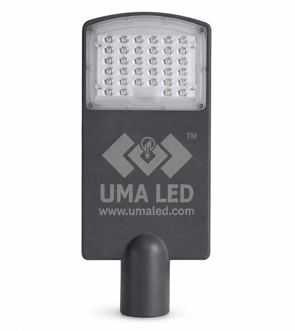 A dark gray rectangular LED street light with a curved top and a mounting post, featuring the UMA LED logo and website printed on the front, set against a plain white background.