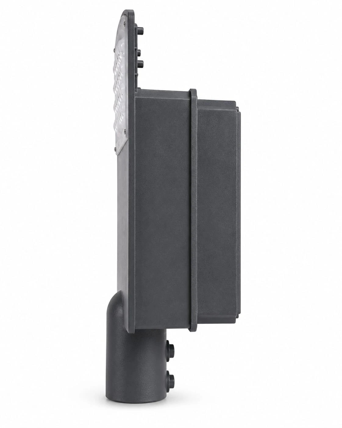 A dark gray outdoor wall-mounted light fixture with a cylindrical base and a rectangular housing, shown in a side profile view against a white background.