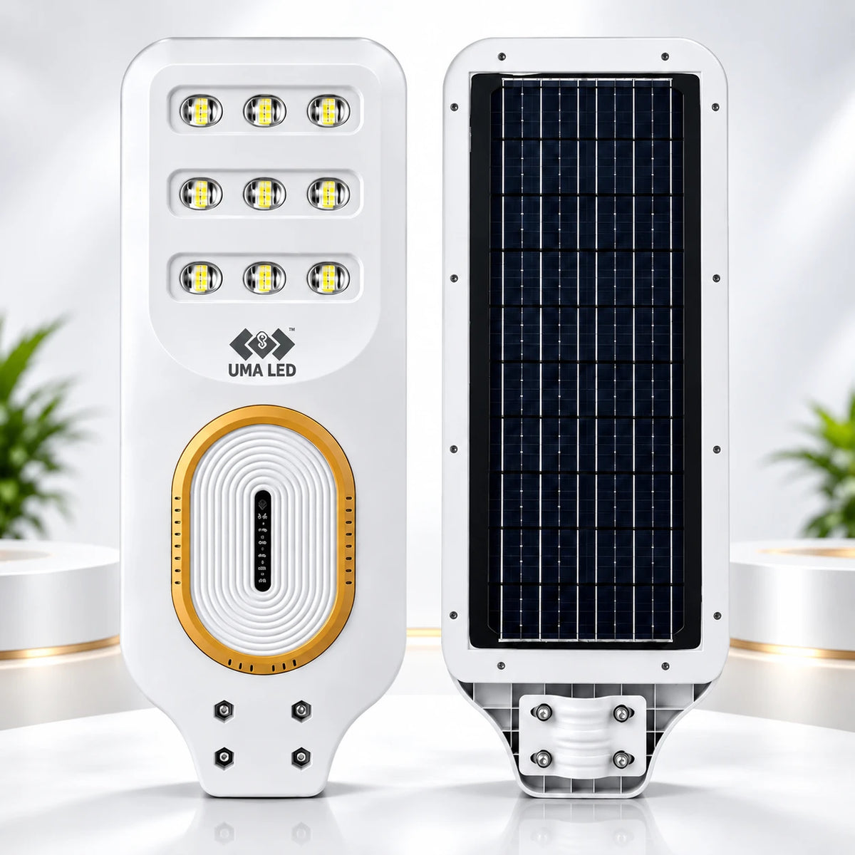 Two white solar-powered LED streetlights shown from the front and back, featuring multiple LED light modules, a gold accent ring, and a dark blue solar panel, branded UMA LED.