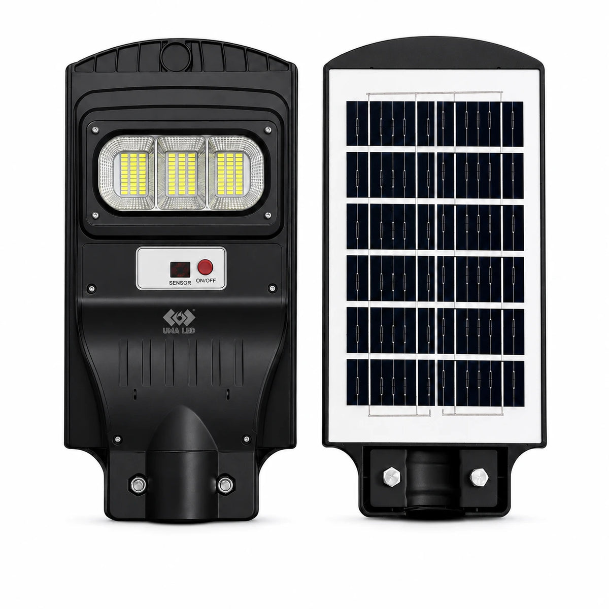 A dual-view presentation of a black solar-powered street light. The left view shows the front with three LED light modules and a sensor switch panel.
