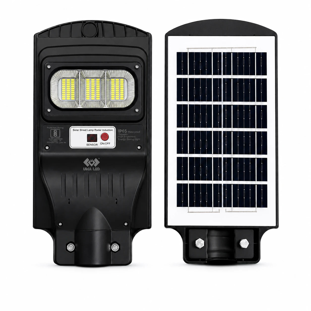 A dual-sided view of a black solar street light on a white background, showing the LED lamp housing on the left and the solar panel on the right.